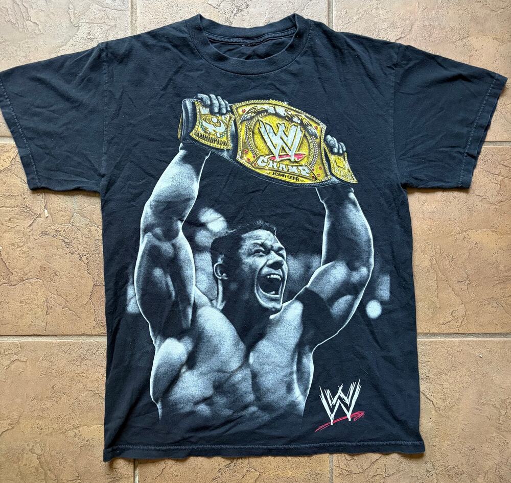 Vintage 2006 WWE John Cena Champion Belt T-Shirt Black Y2K Wrestling Tee Size M